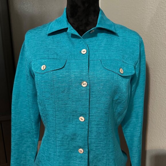 Chicos Blouse Womens Size 0 U.S. Small Teal Button-Up Silk Linen Blend Shirt - Picture 2 of 9